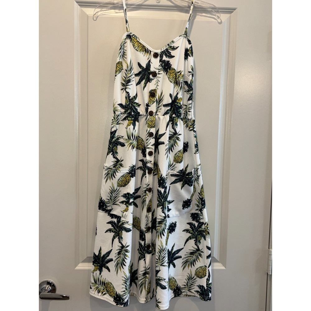 Halife Mini Sundress Women White Tropical Pineapple Button Front Spaghetti Strap